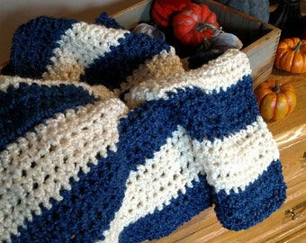 Crochet Baby Blanket navy blue and ivory Afghan Chunky Stroller Blanket Baby