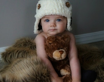 Crochet baby Hat Aviator Photo Prop Infant wood button fur Brown Hat Ivory Fur