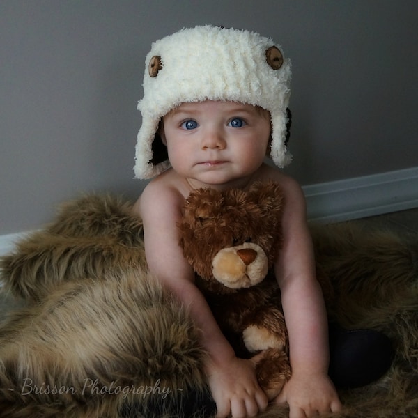 Crochet baby Hat Aviator Photo Prop Infant wood button fur Brown Hat Ivory Fur