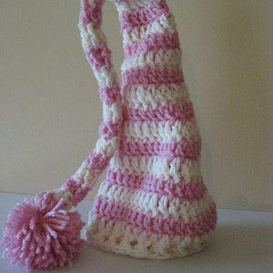 Crochet Baby Hat Pink and Ivory Striped Elf Pixie image 3