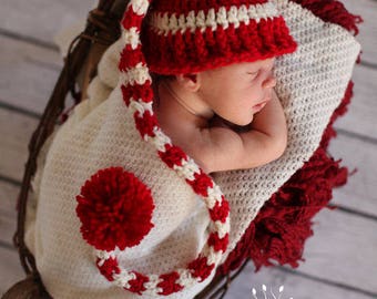 Crochet Baby Hat Christmas  Pixie  Photo prop Red White  Striped Santa hat newborn infant Candy cane