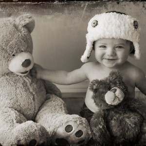 Crochet baby Hat Aviator Photo Prop Infant wood button fur Brown Hat Ivory Fur