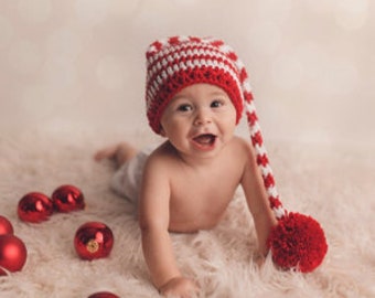 Crochet Baby Hat Elf Pixie Christmas  newborn hat baby christmas hats Photo prop Red White  Striped newborn christmas hat ,baby boy ,girl