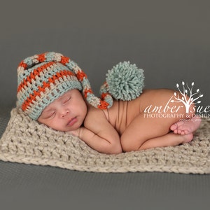 Crochet Baby Hat Wool Striped Elf Pixie Photo Prop Grey Aqua and Cantloupe striped image 1