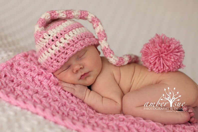 Crochet Baby Hat Pink and Ivory Striped Elf Pixie image 1