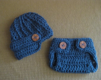 Baby Newsboy Hat and diaper cover Denim Blue newborn infant toddler photo prop children crochet knit