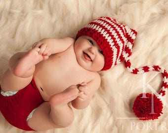 Crochet Baby Hat Elf Pixie Christmas  newborn hat baby christmas hats Photo prop Red White  Striped newborn christmas hat ,baby boy ,girl