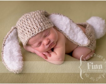 Bunny outfit ,hat and diaper cover with fluffy tail , Rabbit Ears  Photo Prop baby bunny oufit Easter   Hat only or set newborn bunny set