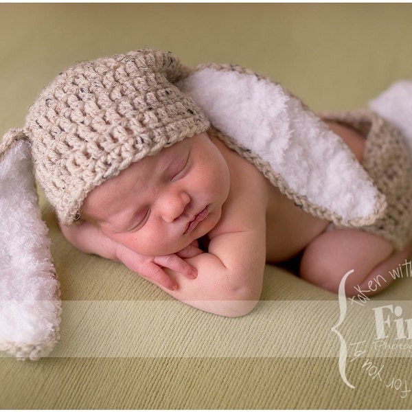 Bunny outfit ,hat and diaper cover with fluffy tail , Rabbit Ears  Photo Prop baby bunny oufit Easter   Hat only or set newborn bunny set