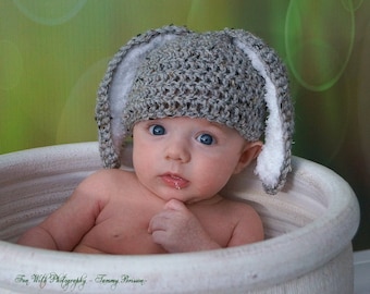 Crochet Baby Hat Easter Bunny Rabbit Ears Photo Prop Grey baby boy baby girl floppy ear bunny