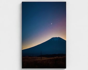 Mount Fuji Canvas Print – Japan Landscape Photography, Crescent Moon Twilight
