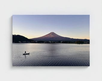 Crimson Mt. Fuji Canvas Print – Solitary Fisherman, Lake Kawaguchiko Sunrise Photography