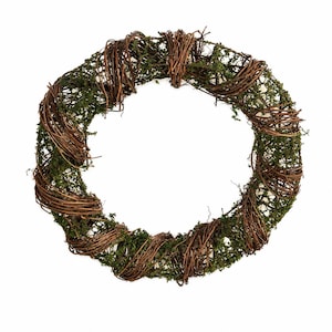 May include: A circular wreath composed of interwoven brown twigs and green moss. The twigs are wrapped around the wreath's frame, creating a textured, natural appearance. The wreath is suitable for seasonal home decor.