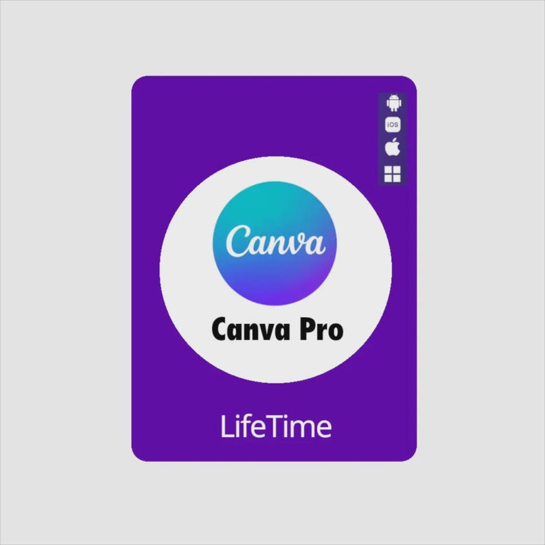 May include: A purple rectangle with a white circle containing the word "Canva" in teal and blue. Below the circle, the text "Canva Pro" is displayed in black. The word "LifeTime" is at the bottom. Icons for Android, iOS, Apple, and Windows are in the upper right.