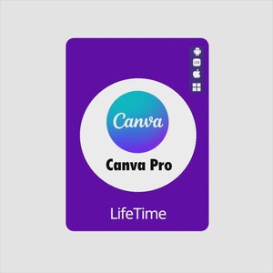 May include: A purple rectangle with a white circle containing the word "Canva" in teal and blue. Below the circle, the text "Canva Pro" is displayed. The word "LifeTime" is at the bottom. Icons for Android, iOS, Apple, and a grid are in the upper right.