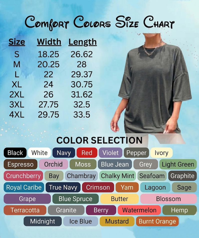May include: A size chart and colour selection guide for Comfort Colors apparel. The chart lists sizes S to 4XL with width and length measurements in inches. A model wears a dark grey t-shirt. Colour options include Black, White, Navy, Red, and more.