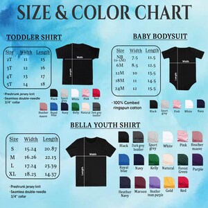 May include: Size and colour chart for toddler, baby, and youth shirts. Includes size, width, and length measurements in inches. Features a variety of colours, including black, pink, and navy. The text includes "Preshrunk jersey knit" and "Seamless double-needle 3/4" collar."