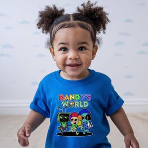 May include: A young child wearing a blue t-shirt with the words "Dandy's World" in colourful letters. The shirt has a cartoon graphic of three characters. The child has dark curly hair and is looking directly at the camera.
