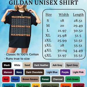 May include: Black Gildan unisex shirt with repeated orange "MAXPRINTTEE" text. The shirt is classic fit, made of 100% cotton, and runs true to size. Size chart includes width and length in inches for sizes S to 5XL. Available in various colours.