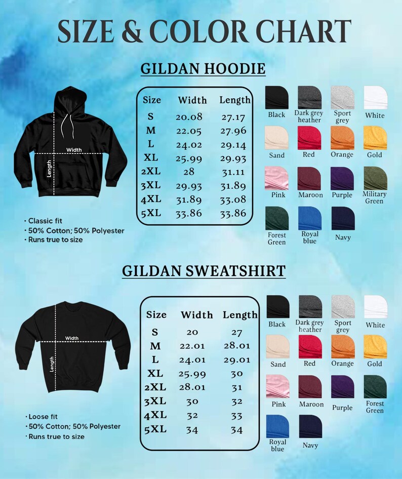 May include: Size and colour chart for Gildan hoodies and sweatshirts. The chart includes measurements for sizes S to 5XL, with width and length in inches. Colour options include black, white, red, and more. The hoodies are classic fit, and the sweatshirts are loose fit.