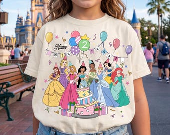 Personalized Name Age Disney Princess Birthday T-Shirt, Custom Tiana Ariel Elsa Rapunzel Belle Birthday Present Gift, Disneyland Family Trip