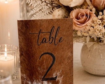 Genuine Cowhide Wedding Table Number | Laser Engraved Hair on Hide Rustic Western Wedding Decor