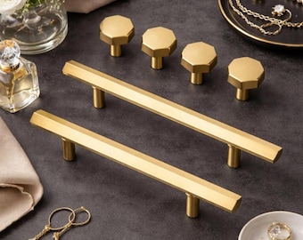 Hexagon Gold Cabinet Pulls Handles Knobs Hexagon Solid Brass Handle Dresser Drawer Knob Kitchen cabinet Cupboard T Bar Furniture Hardware