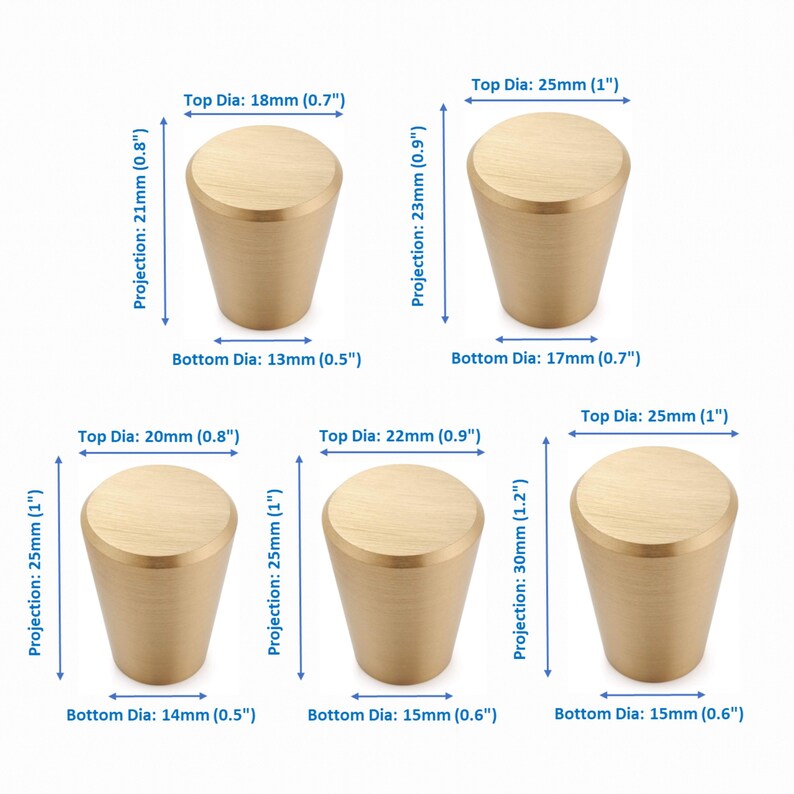 May include: Five brushed gold cabinet knobs of varying sizes. Each knob has a tapered cylindrical shape. Dimensions are labeled: top diameters range from 0.7 to 1 inch, bottom diameters from 0.5 to 0.7 inches, and projections from 0.8 to 1.2 inches.