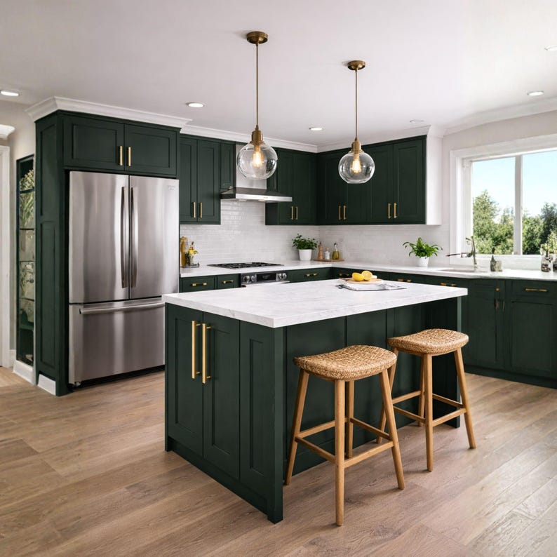 Pode incluir: Uma cozinha com arm&aacute;rios verde-escuros com ferragens douradas, uma ilha com tampo de m&aacute;rmore branco e dois bancos de madeira tran&ccedil;ada. Um frigor&iacute;fico de a&ccedil;o inoxid&aacute;vel, um revestimento de azulejos brancos e duas lumin&aacute;rias de vidro s&atilde;o vis&iacute;veis.
