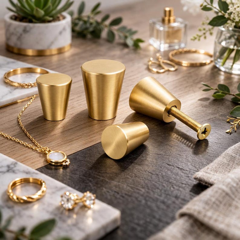 May include: Four solid brass cabinet knobs with a smooth, brushed gold finish. Three knobs are standing upright in a conical shape, while one knob is lying on its side, revealing the threaded metal screw and flat head attached to the back.