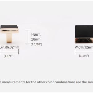 Peut inclure: Boutons de meuble noirs et dor&eacute;s. Les boutons sont carr&eacute;s avec un dessus noir et une base dor&eacute;e. La longueur et la largeur sont de 32 mm (1 1/4 pouces), et la hauteur est de 28 mm (1 1/10 pouces).
