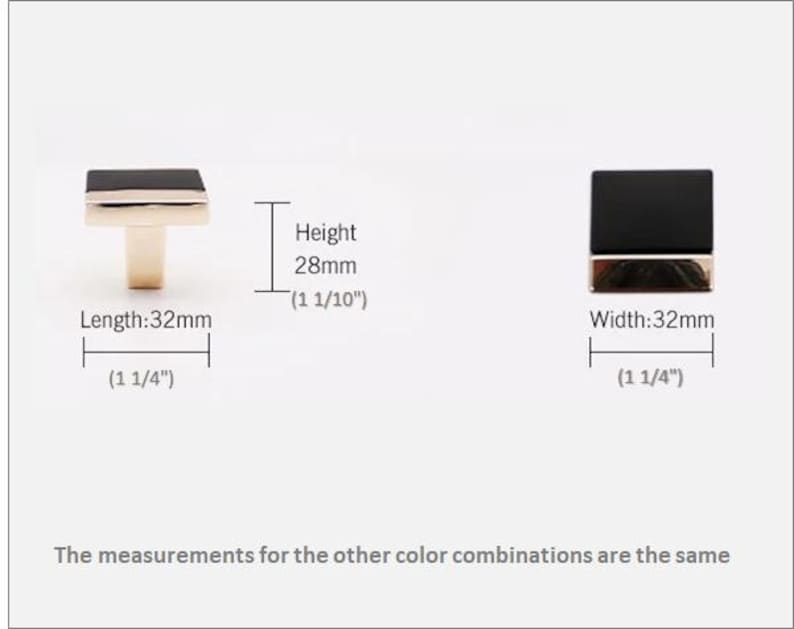 Peut inclure: Boutons de meuble noirs et dor&eacute;s. Les boutons sont carr&eacute;s avec un dessus noir et une base dor&eacute;e. La longueur et la largeur sont de 32 mm (1 1/4 pouces), et la hauteur est de 28 mm (1 1/10 pouces).