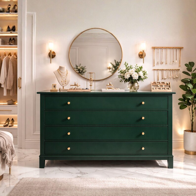 May include: A dark green four-drawer dresser with gold-toned knobs. The dresser surface holds a jewelry display bust with necklaces, a small tray, a glass vase with white flowers, and a jewelry organizer. A round gold-framed mirror hangs above.