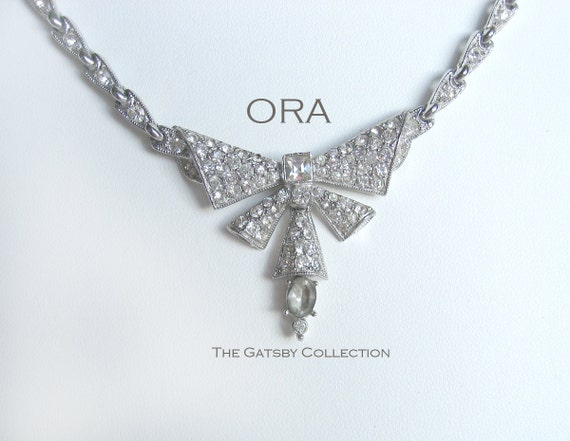 Vintage ORA Designer Rhinestone Necklace Art Deco… - image 1