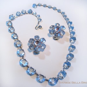 Antique Rivière Crystal Open Back Blue Glass Necklace and Earrings 1920s