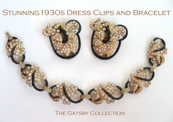 Stunning 1920s 1930s Dress Clips and Bracelet Gol… - image 1