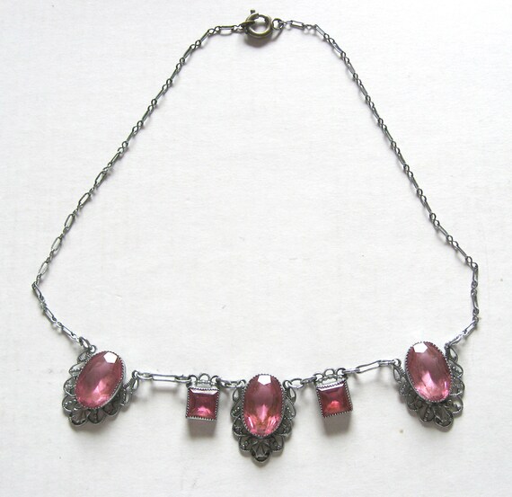 Art Deco Necklace Raspberry Pink Glass Filigree Si