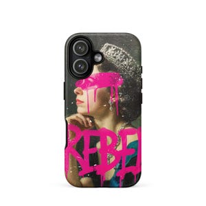 May include: A black smartphone case featuring a portrait of a monarch wearing a crown, with a bright pink paint stripe covering the eyes and the word REBEL written in large, dripping pink graffiti-style lettering across the lower portion.