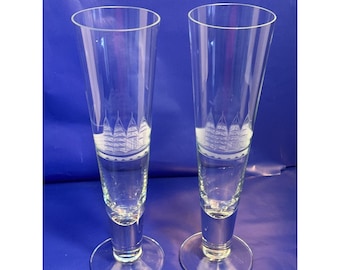 Vintage Tuscany Set Of 2 Pilsner Glasses W/ Etched Sailing Ship - Excellent