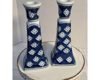 Handcrafted For Silvestri Blue And White Glass Taper Holders 8.25" Tall