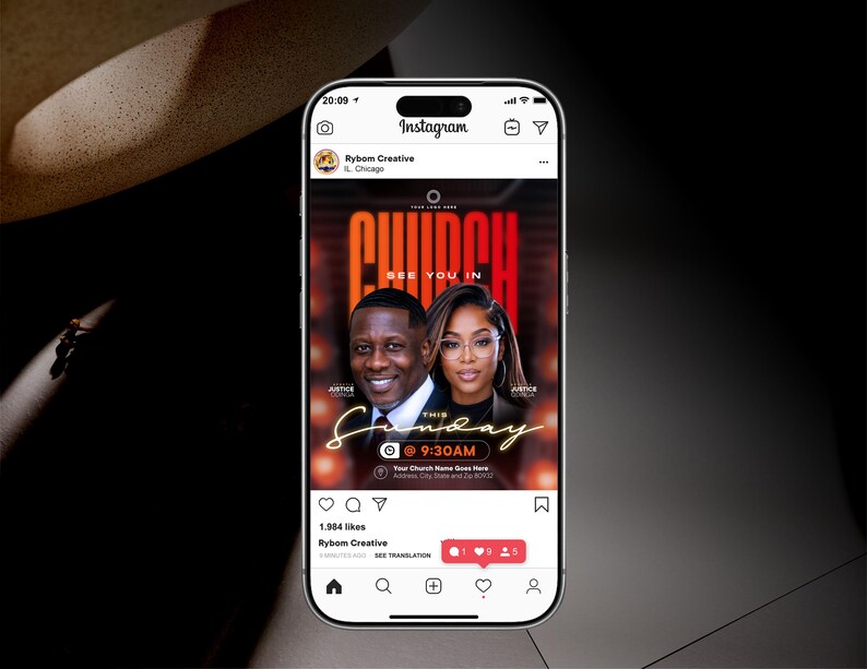 May include: A smartphone displaying an Instagram post for a church event. The graphic features a man and a woman, the bold red text CHURCH, the text SEE YOU IN THIS SUNDAY, and the time 9:30AM. The interface shows 1,984 likes and icons.