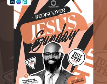Modern Church Flyer Template | Sunday Worship Service Canva PSD | Digital Invitation