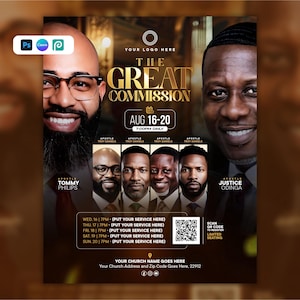以下が含まれることがあります： 「The Great Commission」と題された教会のイベントチラシ。トミー・フィリップス使徒とジャスティス・オディンガ使徒の肖像画が掲載されています。8月16日から20日までの日程、毎日午後7時のスケジュール、登録用QRコード、およびプレースホルダーテキストが含まれています。