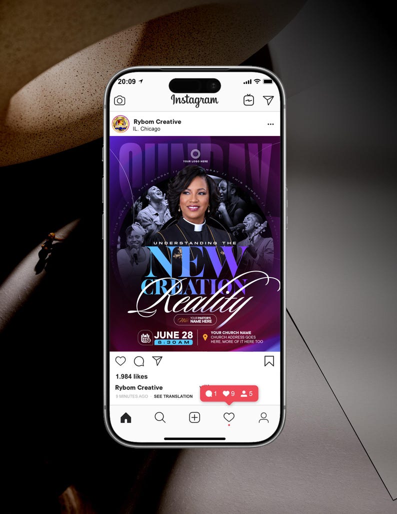 May include: A smartphone displaying an Instagram post for a church event titled Understanding the New Creation Reality. The graphic features a central portrait of a person in clerical attire, event details for June 28 at 8:30 AM, and church location text.