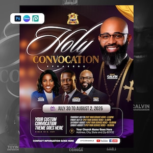 May include: A promotional poster for a convocation event. The design features the text "Holy Convocation" in gold, with speaker portraits and event details. The date is July 30 to August 2, 2026. The poster includes social media handles.