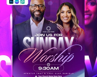 Sunday Service Flyer Template | Editable Church Canva PSD | Church Poster design | Worship with us