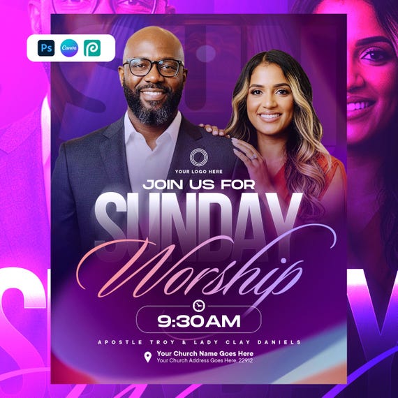 Sunday Service Flyer Template | Editable Church Canva PSD | Church Poster design | Worship with us