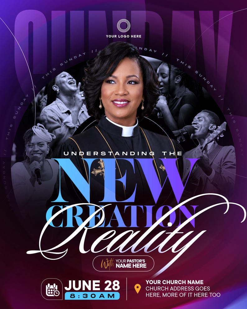 May include: A church event flyer with a purple and blue gradient background featuring a central portrait of a person in a clerical collar. Text includes "UNDERSTANDING THE NEW CREATION REALITY", "JUNE 28", "8:30 AM", and placeholders for logo and address.