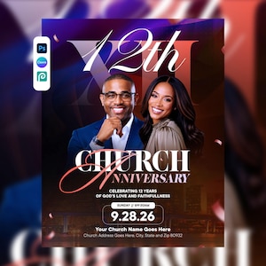 May include: A church anniversary flyer template featuring a man in a blue suit and a woman in a tan top. The text reads 12th CHURCH ANNIVERSARY, CELEBRATING 12 YEARS OF GOD'S LOVE AND FAITHFULLNESS, SUNDAY 9:30AM, 9.28.26, and Your Church Name Goes Here.