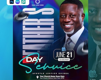 Father's Day Service Flyer, Pastor Speaker Event, Editable Church Poster (Canva, PSD)